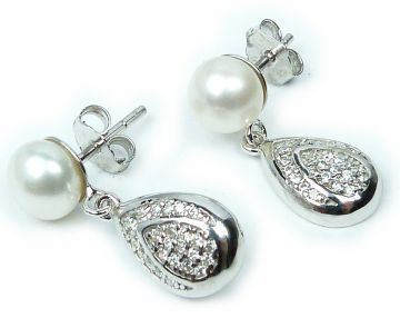 Stříbrné náušnice s perlou a zirkony 435000016